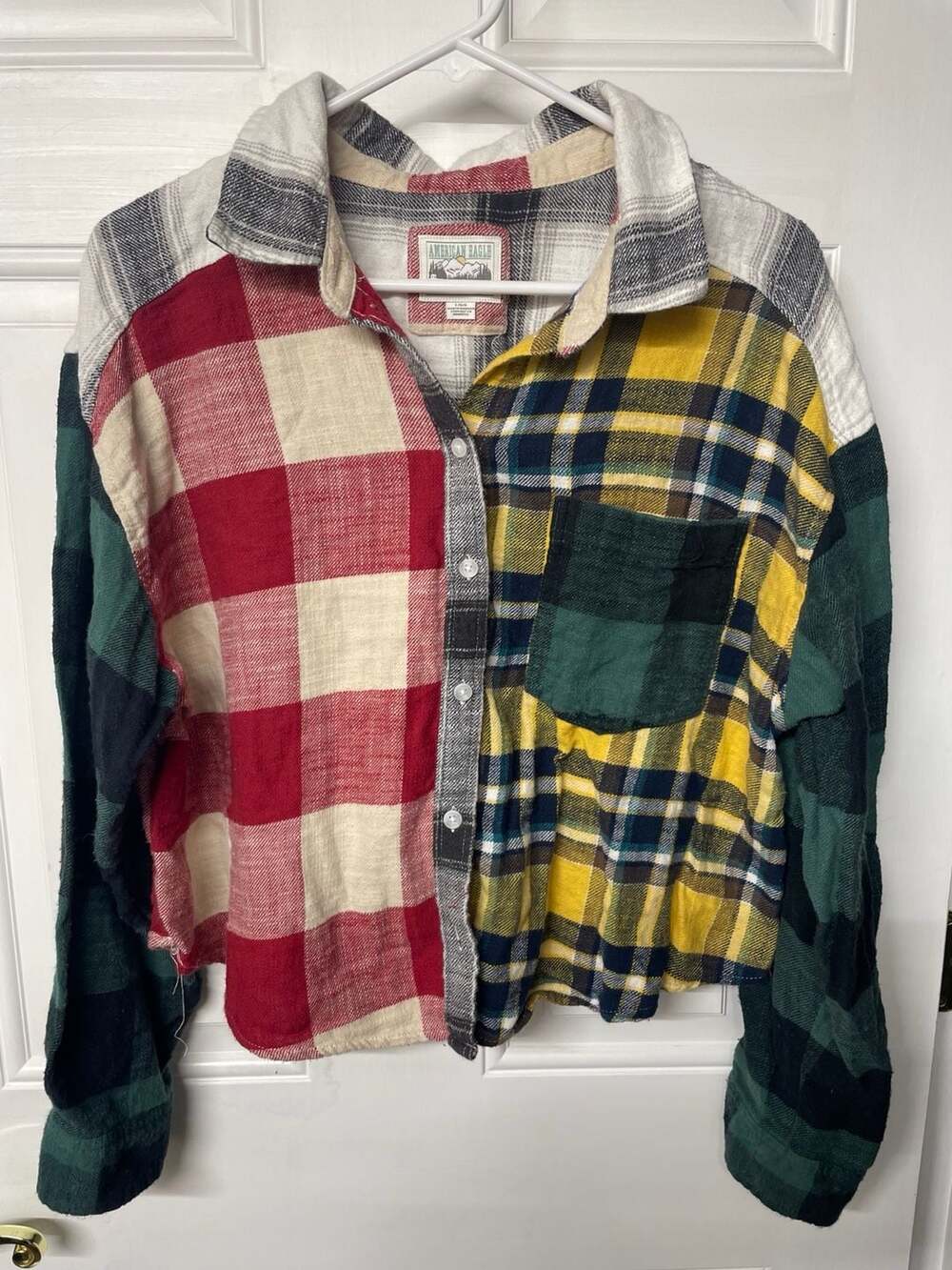 American Eagle Patchwork Flannel Shirt Size L Multi Color Plaid